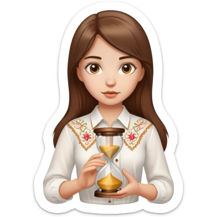 A Ukrainian girl with brown hair wearing a white embroidered shirt holds an hourglass in her hand sticker