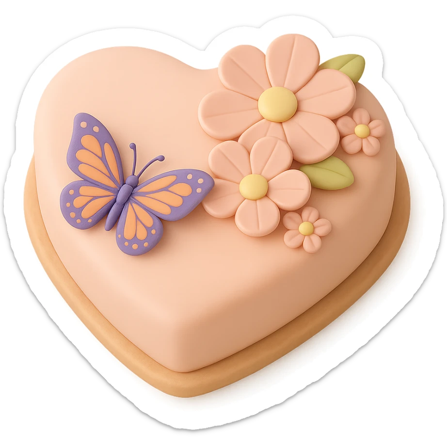 Make the butterfly smaller on the heart-shaped fondant cake with pink flowers, fondant cake art style, keep transparent background. sticker