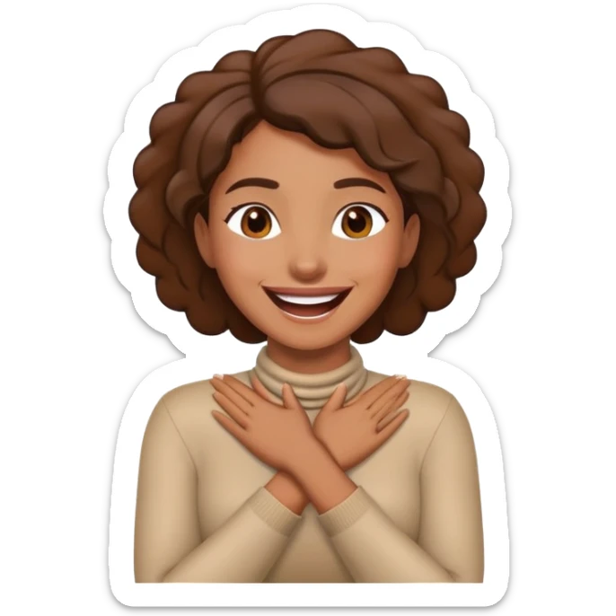 a brown woman with her hands crossed in front of her neck laughing sticker