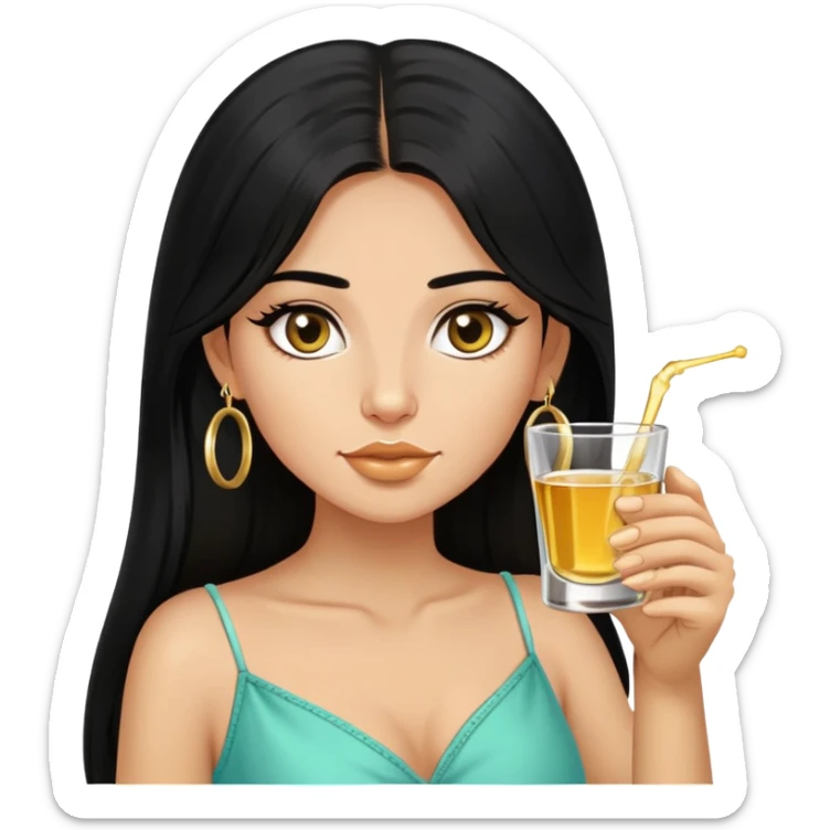 Girl with long black hair, small gold hoop earrings, and taking a tequila shot sticker