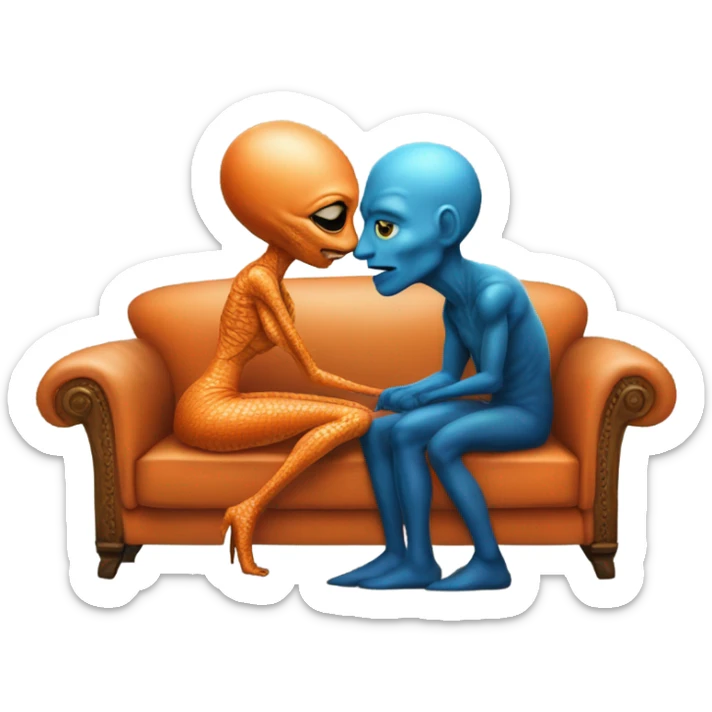 A reptilian alien woman in orange dress kissing human man in blue dress, on sofa sticker