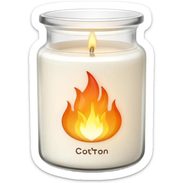 minimal flat emoji of a white scented candle in a glossy white glass jar with the label “cotton”, three visible flames, soft warm glow, clean vector style, elegant and modern, transparent background sticker