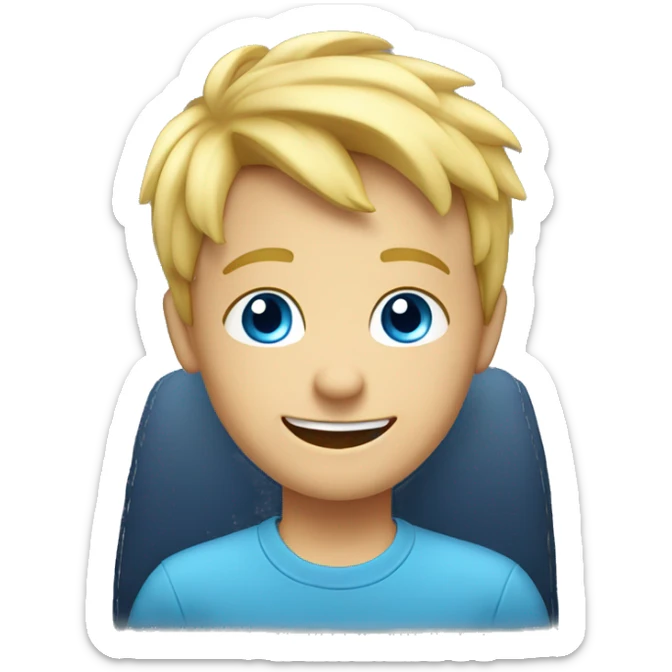 smiling blond boy in car with blue shirt and blue eyes and there is smoke and fire around him sticker