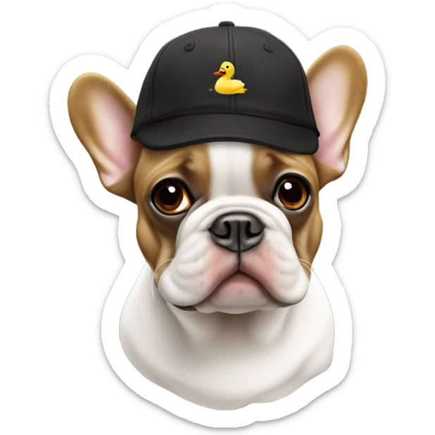 White and black and brown French bulldog with a duck hat on ￼ sticker