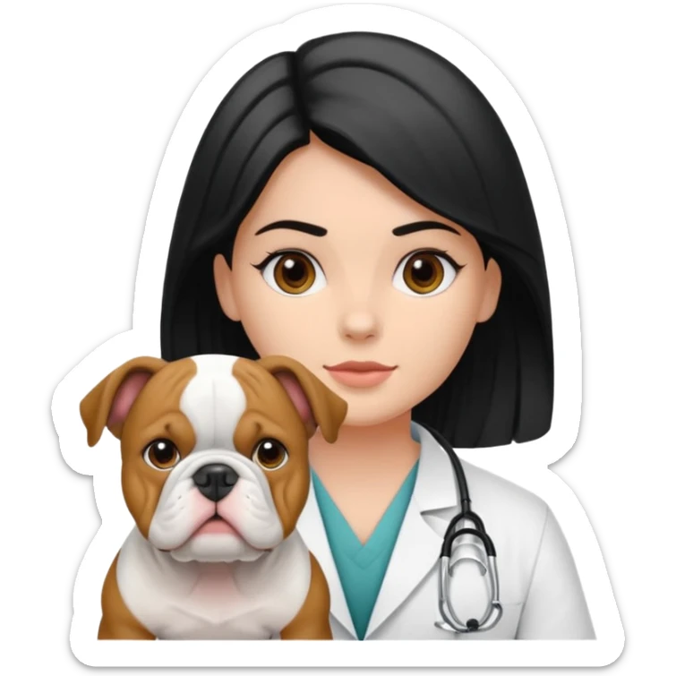 joven médico con el pelo un poco largo pero no tanto y lacio, que tenga un estetoscopio de color de piel tez negra calida !!! que sostiene un bulldog francés blanco y negro  sticker