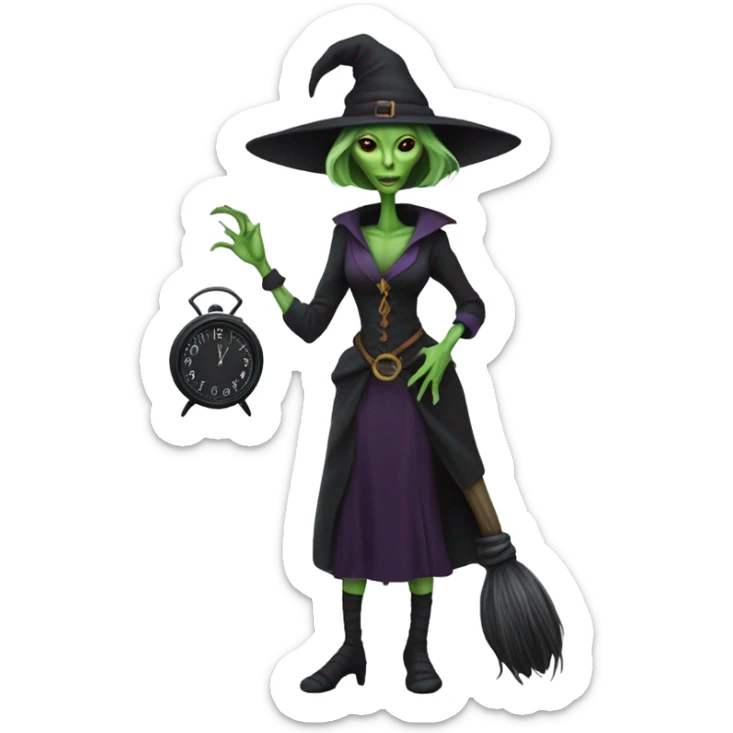 a Reptilian alien woman, as witch, holding holding a big clock, full body sticker