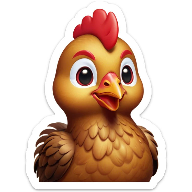 Cinematic Cute Brown Chicken Portrait Emoji, Head tilted playfully and inquisitively, featuring a lustrous brown feathered coat with a natural sheen and a subtle red comb, round, sparkling beady eyes filled with curiosity, Simplified yet irresistibly adorable features, highly detailed, glowing with a warm, friendly glow, high shine, affectionate and lively, stylized with a touch of country charm, bright and endearing, soft glowing outline, capturing the essence of a mischievous yet loving chicken, so playful it feels like it could peck out of the screen and into your arms! sticker