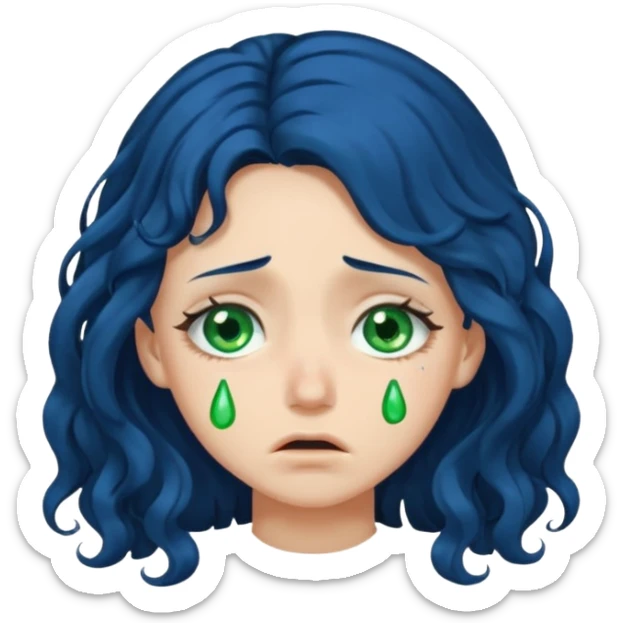 Girl with long  curly dark blue hair, green eyes, and very fair skin.crying sticker