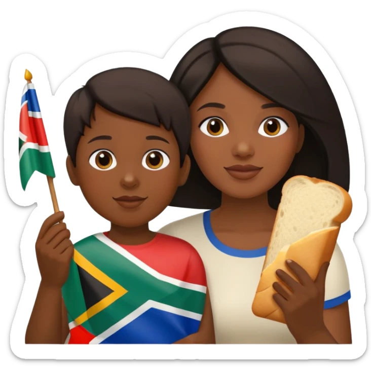 Lady with son ( dark hair) eating white bread and holding South African flag  sticker