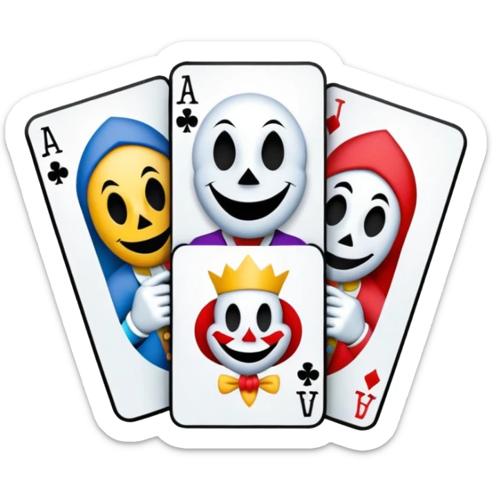 bunch of 3 poker cards, with crazy colorful human jolly jokers inside, inversed face, cuphead style sticker
