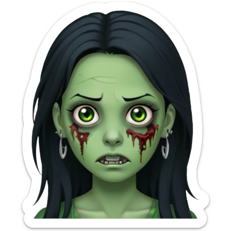 Zombie girl with a facial piercings long black hair green skin sticker