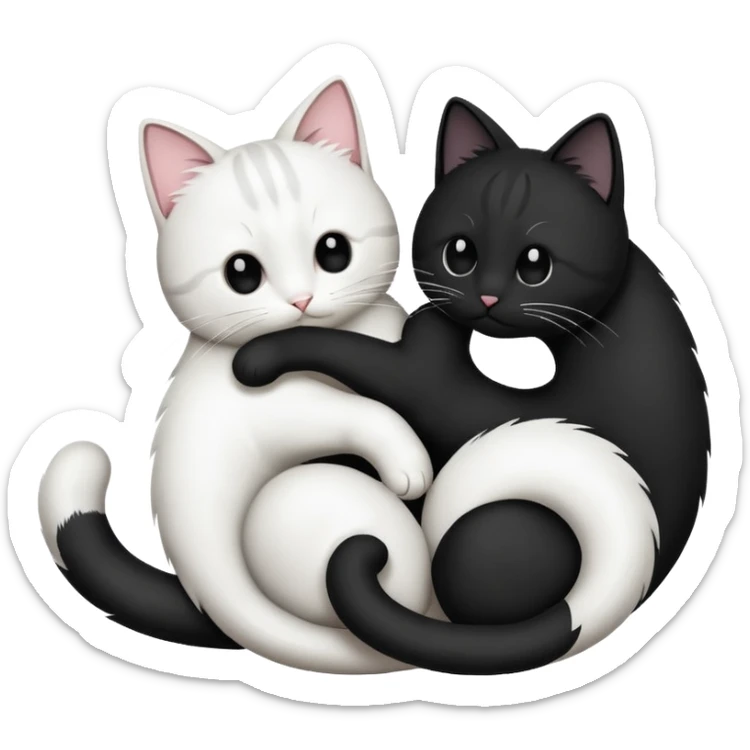two cats, one black and one white, forming a yin-yang symbol, tails and bodies intertwined, emoji style sticker
