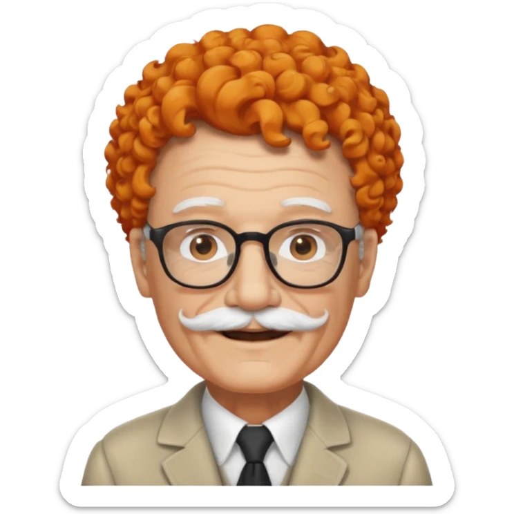 An elderly man with curly orange hair, brown eyes, black glasses, and a white mustache, wearing a gentle smile. sticker