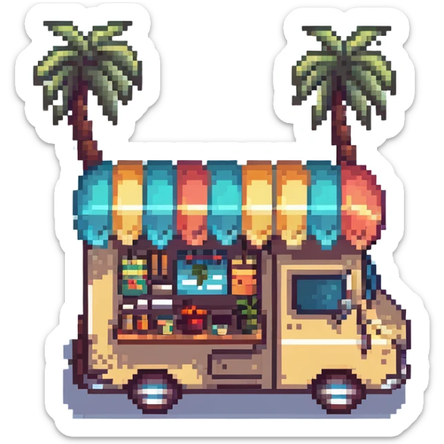 Hawaiian style food truck with palm trees and surfboards in pixel art style sticker