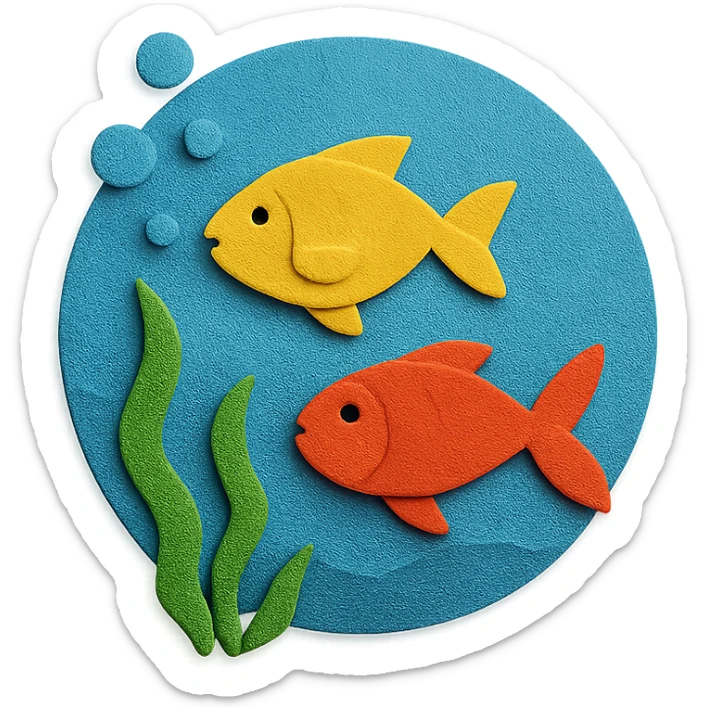 underwater ocean scene with fish, seaweed, and bubbles in vibrant colors in paper-craft style sticker