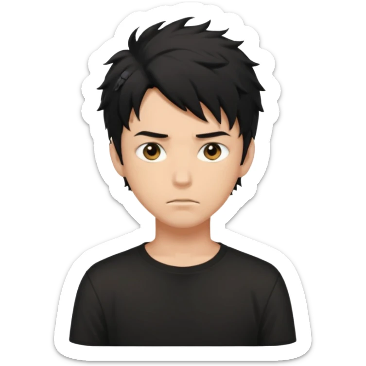 White male, black messy anime hair in his eyes, black shirt, black hunter eyes, hot  sticker