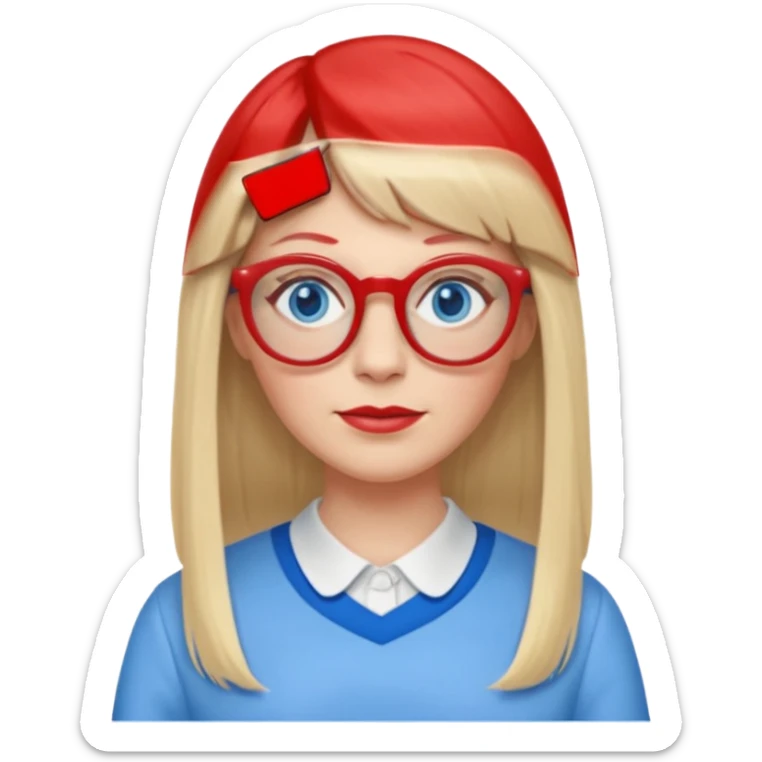 45 yr old white woman, pale skin, long straight blond hair parted in center, blue eyes, bangs, clothes for school, big red glasses, oval face sticker