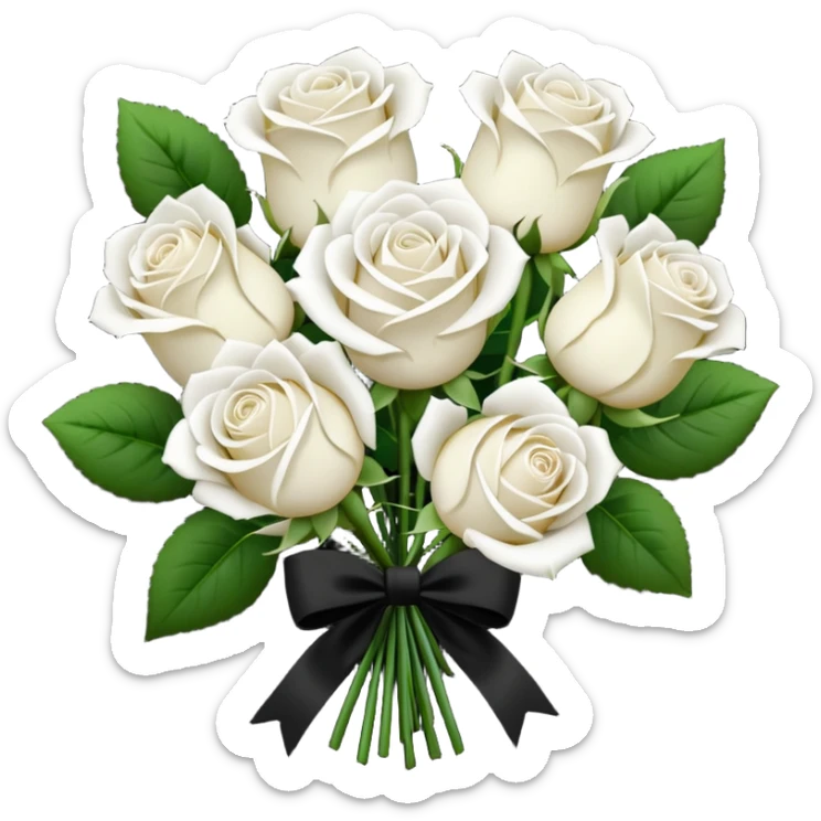 a bunch of white roses tied with a black velvet ribbon sticker