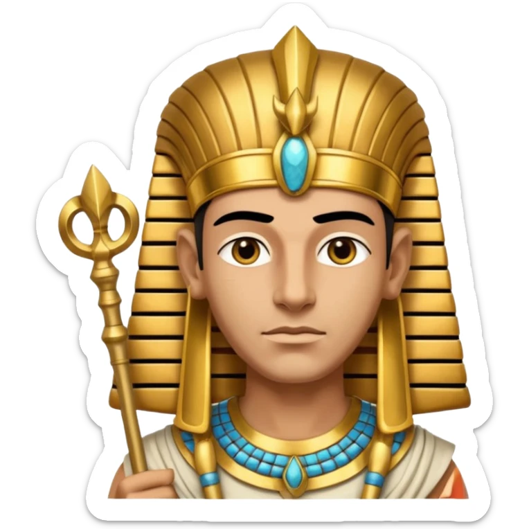 A regal pharaoh with golden headdress, calm stern eyes, and holding a crook and flail with authority.
 sticker