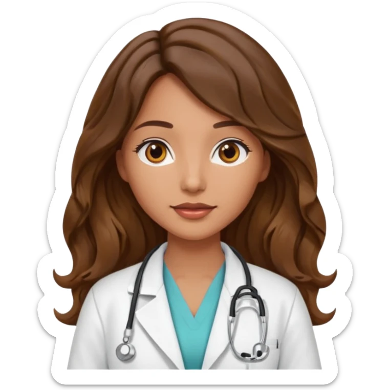 aesthetic emoji of a pretty brunette with long wave hair part in the middle and with tan skin woman with a white coat doctor sticker