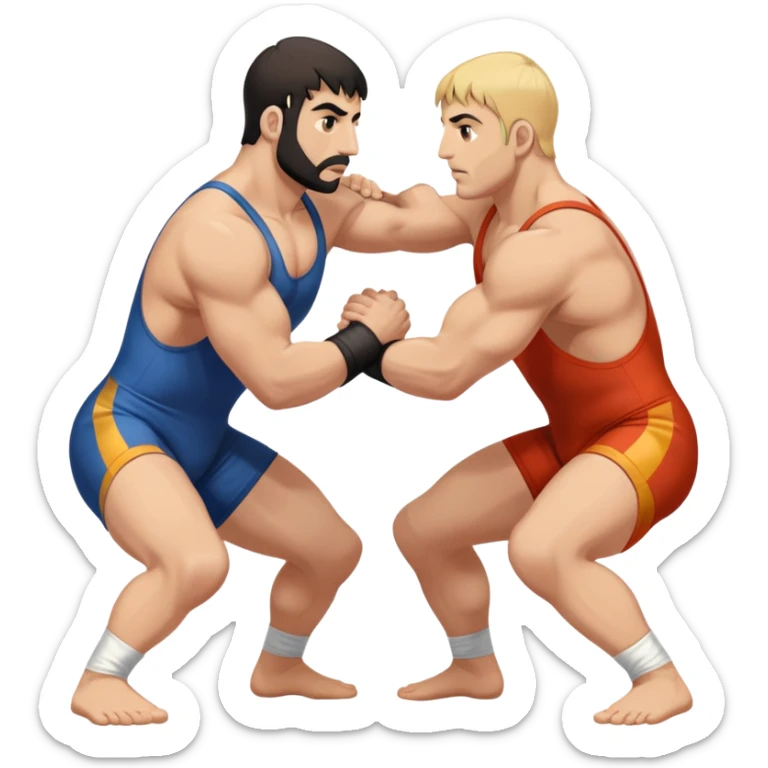An icon symbolizing Greco-Roman wrestling, showing two wrestlers locked in a powerful grip, focusing on upper-body techniques. The background features a wrestling mat, with the athletes wearing traditional singlets. Transparent background highlights the strength and skill of the sport. sticker