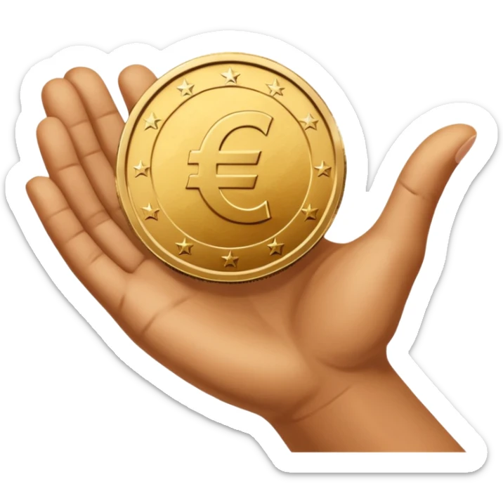 An open hand facing upwards holding a coin with a euro symbol in the center. The coin is placed slightly above the palm, symbolizing financial support or budget. sticker