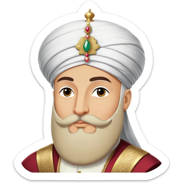 ​Cinematic Realistic Portrait of Suleiman the Magnificent, depicted as a regal Ottoman sultan adorned with a large, white, round, tall turban and a majesti beard, his commanding gaze bathed in warm, historic lighting that exudes timeless authority and grandeur, sticker