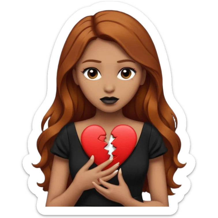  woman light olive skin long dark ginger hair dark make up holding a broken heart black dress sticker