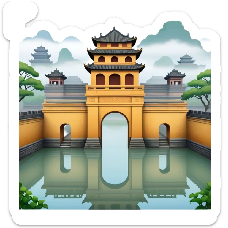 Cinematic Realistic Imperial City of Hue Landmark Emoji, capturing the ancient citadel’s weathered walls, intricate gates, and traditional Vietnamese architecture, surrounded by a misty, tranquil moat. sticker
