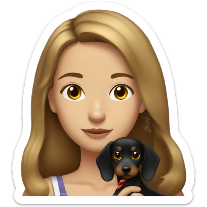 golden brunette haired 21 year old girl and her black-brown dachsund dog with ribbon sticker