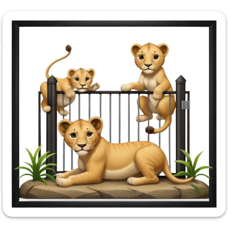 Un letrero del zoológico que dice “LION CUBS — BORN LAST WEEK” y delante una leona con sus cachorros recién nacidos, con la gente mirando emocionada desde la reja.






 sticker
