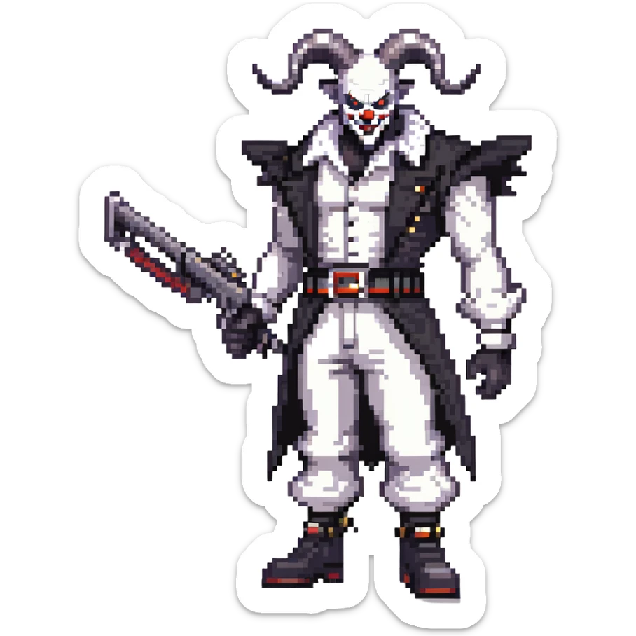 full-body muscular demonic clown in a black and white leisure suit with bellbottom pants, bald, with black ram horns, flashy black and white belt, ruffled white shirt, no neck tie, large fangs, holding a very large futuristic rifle sticker