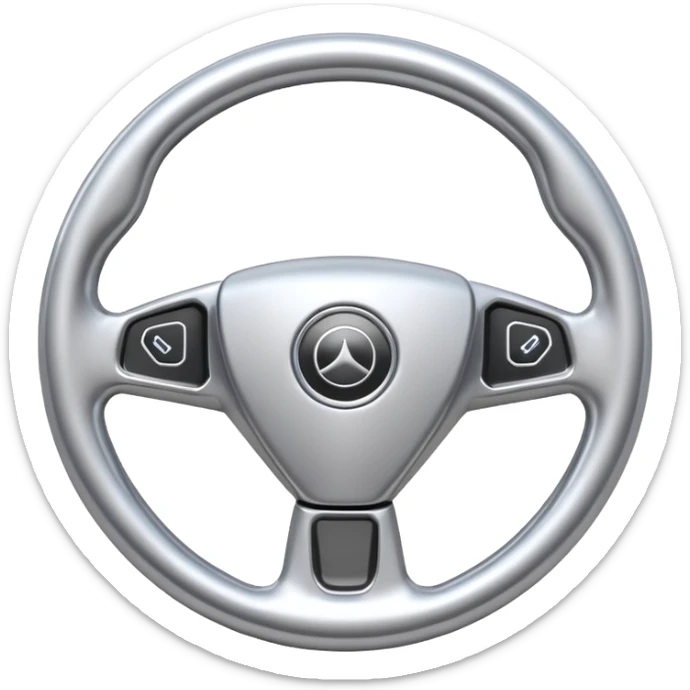 A futuristic steering wheel emoji made of silver chrome, minimal geometric design, smooth metallic surface, soft reflections, iOS emoji style, centered, clean white background sticker