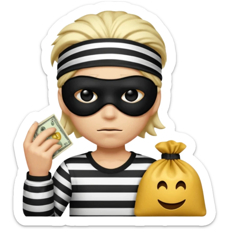 a short ios emoji-style portrait of a classic burglar, a black eye mask (looks like a blindfold) and a black-and-white striped shirt. emoji-like hair, black hat, ONE bag of money 💰 with a dollar sign in a right corner, evil expression WITHOUT a hand  sticker