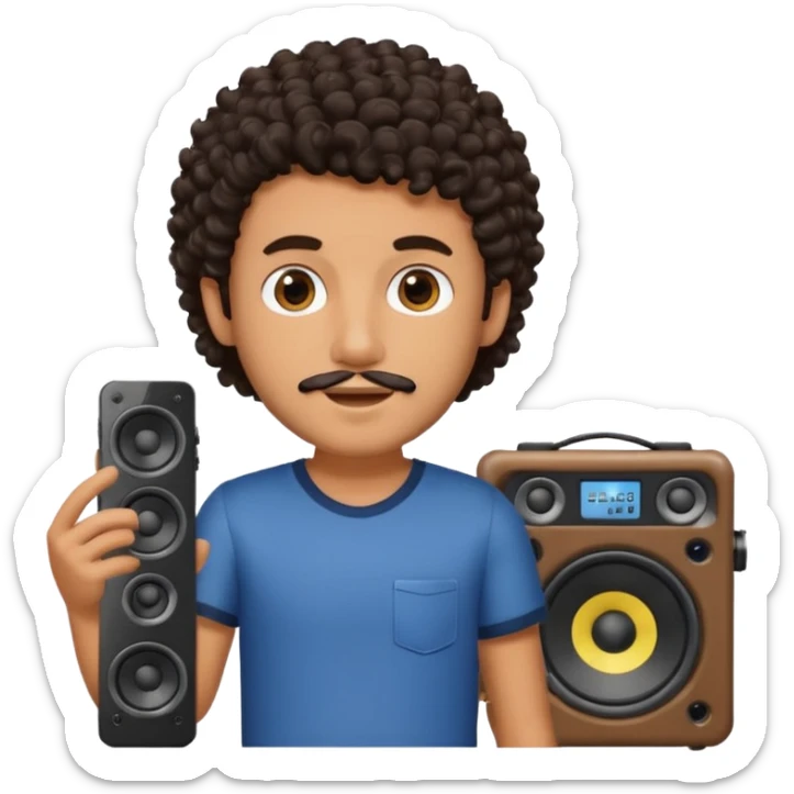 Boy with tanned skin, dark curly hair, a bit of a beard, and a music speaker in his hand. sticker