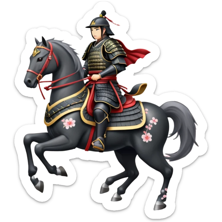 clash-of-clans-aesthetic_-cinematic-fearsome-and-majestic-samurai-bust-portrait-emoji, rendered in a flat, vector-style with minimal shading and bold, simplified shapes typical of emoji art, depicting a battle-hardened samurai with steely eyes and traditional black Japanese armor. The samurai is riding a noble grey warhorse adorned with an intricately designed saddle and fluttering banners, against a backdrop of cherry blossoms and a rising sun. a samurai on a   horse sticker