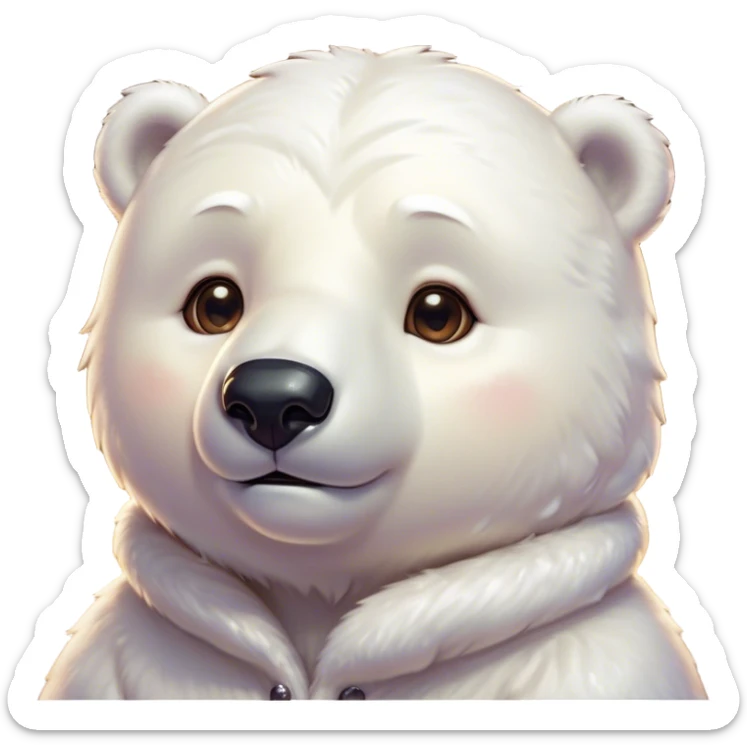 Cinematic Cute Polar Bear Portrait Emoji, Head tilted playfully and inquisitively, with a glossy, plush coat accented by a gentle, blushing muzzle and round, sparkling eyes, Simplified yet irresistibly adorable features, highly detailed, glowing with a warm, friendly polar glow, high shine, affectionate and lively, stylized with a touch of endearing charm, soft glowing outline, capturing the essence of a mischievous yet loving polar cub that feels like it could tumble out of the screen into your arms! sticker