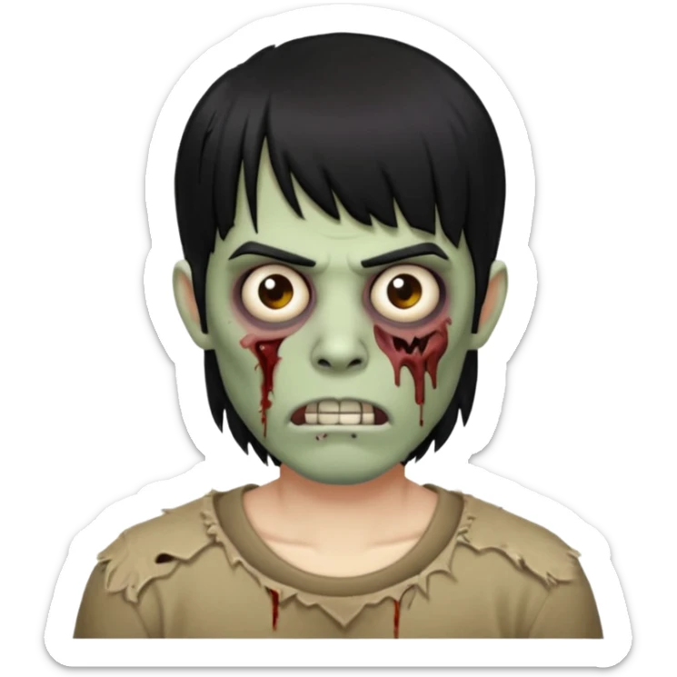 homem zombie de franja, cabelo preto, uma ponta maior da franja e o resto do cabelo picotado, cabelo médio e com piercing no septo sticker