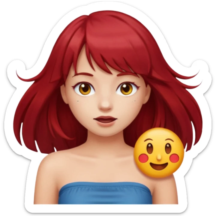 girl with long dark red hair and and bangs in a tube top emoji sticker
