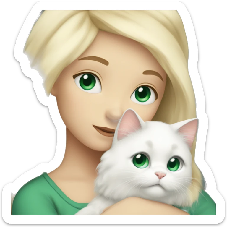 Blonde girl with blue eyes snuggling fluffy white cat with green eyes sticker