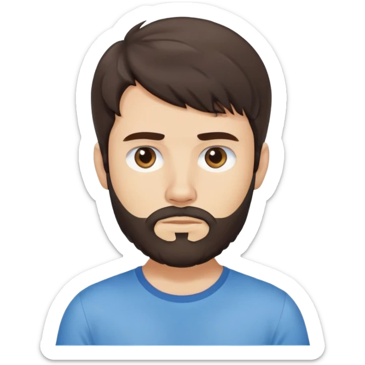 Argentine male with longer wavy dark brown hair reaching shoulders, wavy bangs, short complete beard, serious neutral face, wearing plain blue t-shirt sticker