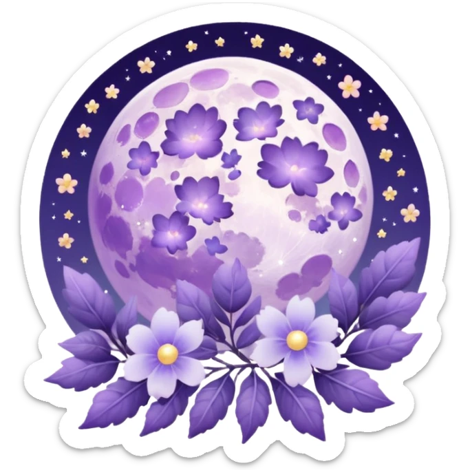 Beautiful poetic ethereal romantic magical aesthetic sparkly glittery shiny pretty floating pastel lilac lavender Violet full moon and flowers and leaves aesthetic pastel clouds scenery  sticker