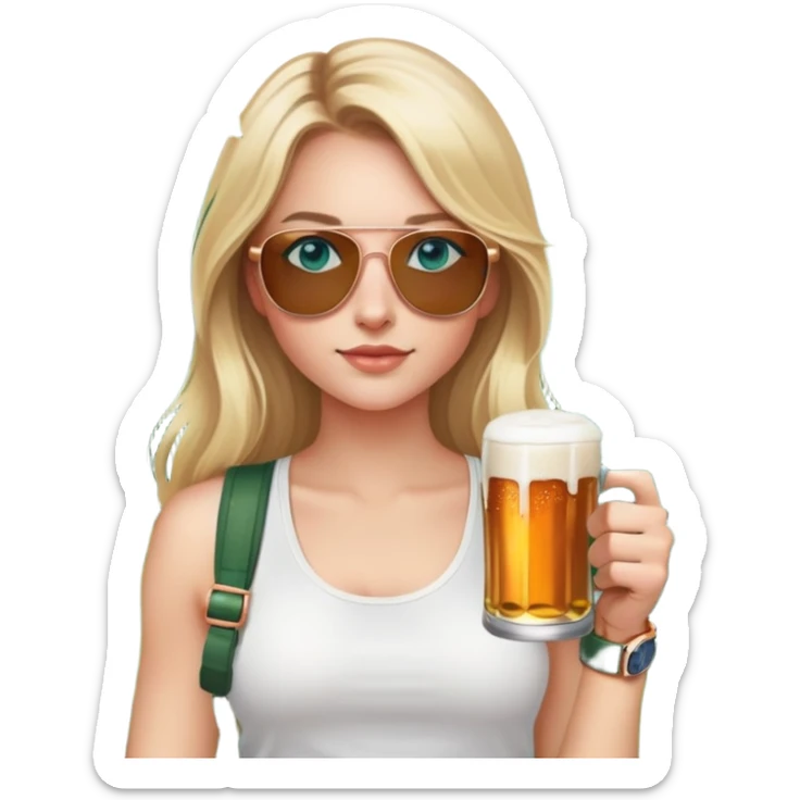 girl with long blond hair
with blue eyes
and aviator sunglasses
wearing white tank top 
holding a can of beer
wearing (rose gold apple watch with forest green band) sticker