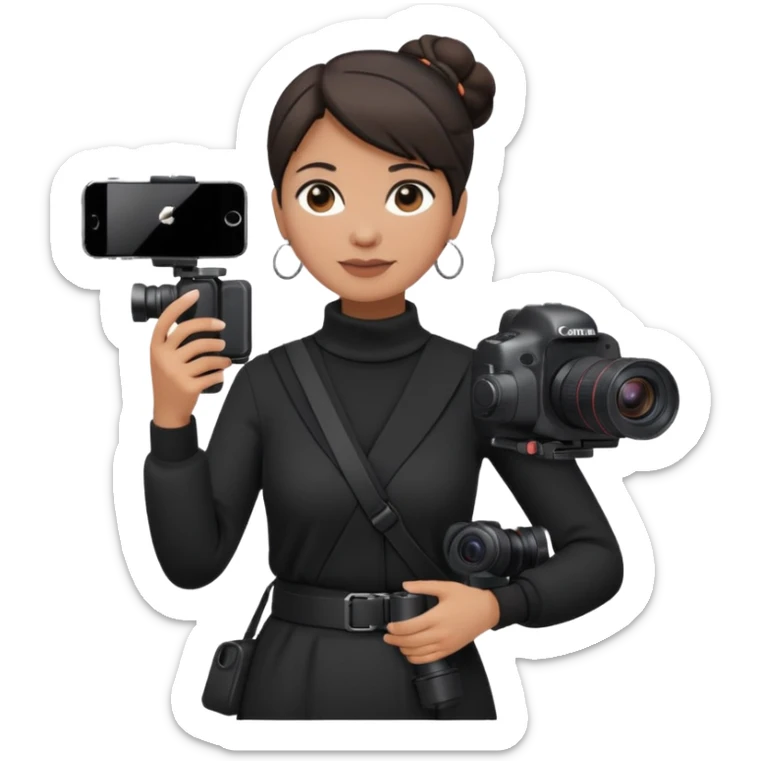 middle aged woman photographer with dark hair in a bun, wearing black clothes, carrying a canon r5 and an iPhone on a gimbal sticker