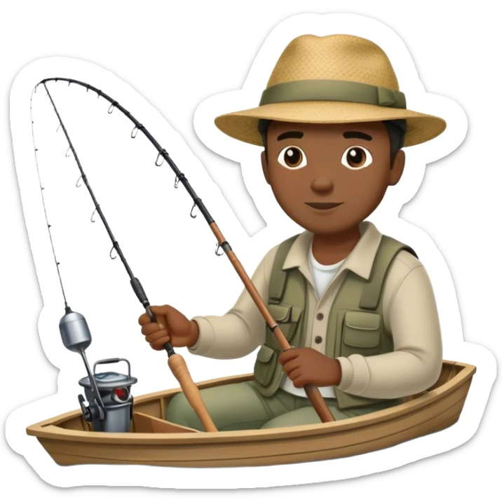 Black man fishing on the lake with a hat on, you can see the water and he is on a boat  sticker