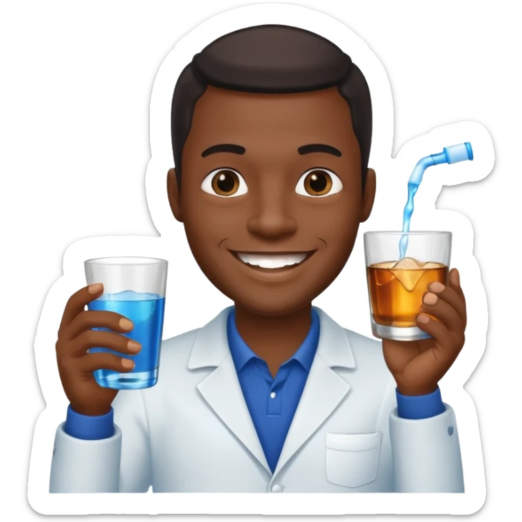 Smiling Black man, one hand with dark blue mouthwash, other with a cup of whiskey, sparkling teeth, black background sticker