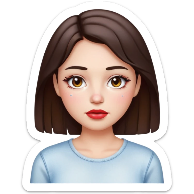 “Emoji brunette girl white top, dewy skin, heavy blush across cheeks and nose bridge, glossy cherry lips, soft eyeliner, teary sparkling eyes like hanni from new jeans sticker