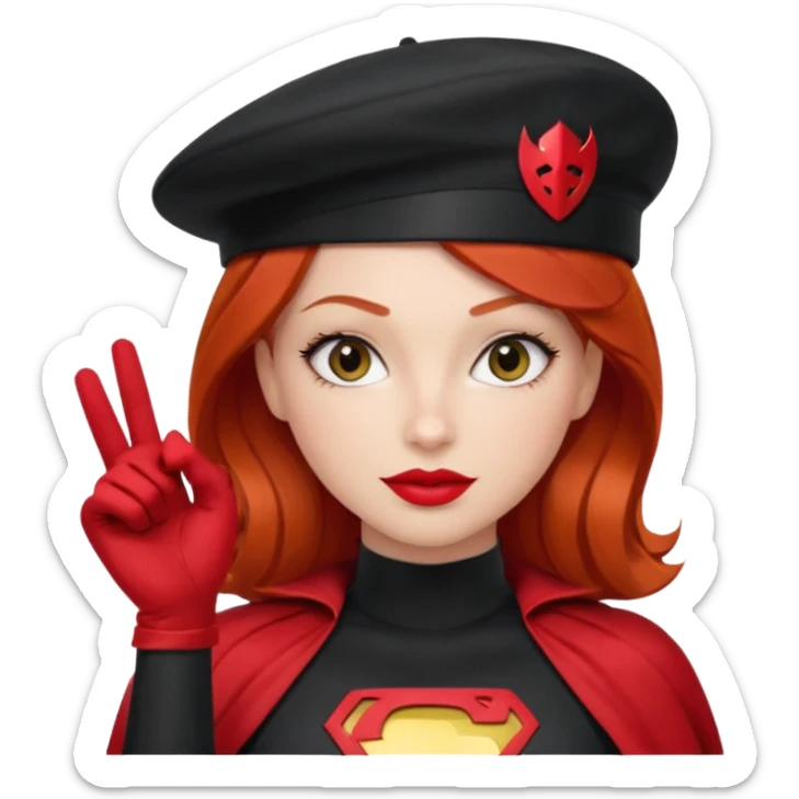 Uma ruiva feliz com batom vermelho com roupa vermelha tipo heroína, com uma boina preta, e uma cara mais “seria” fazendo pose com a mão. sticker