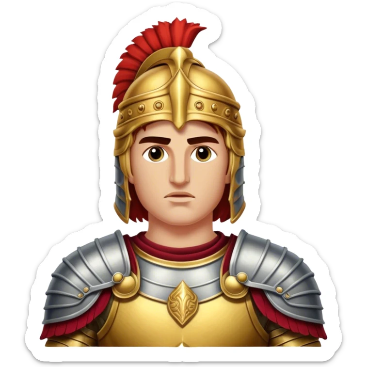 Cinematic Realistic Alexander the Great Portrait Emoji, depicted as a bold, charismatic ancient conqueror in regal armor with a commanding gaze, rendered with lifelike textures and dramatic heroic lighting that captures his legendary ambition. sticker