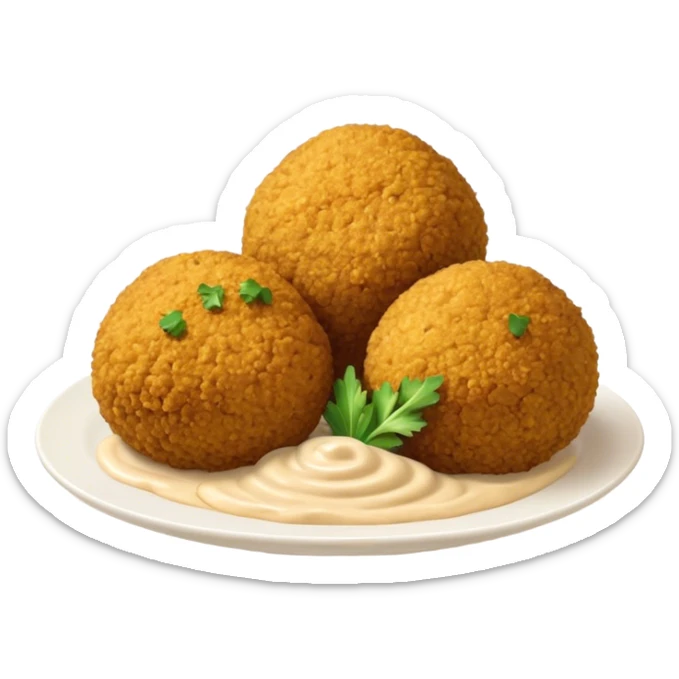 Cinematic Realistic Falafel Dish Emoji, depicted as crispy, golden falafel balls served with tahini sauce rendered with lifelike textures and vibrant, appetizing lighting. sticker